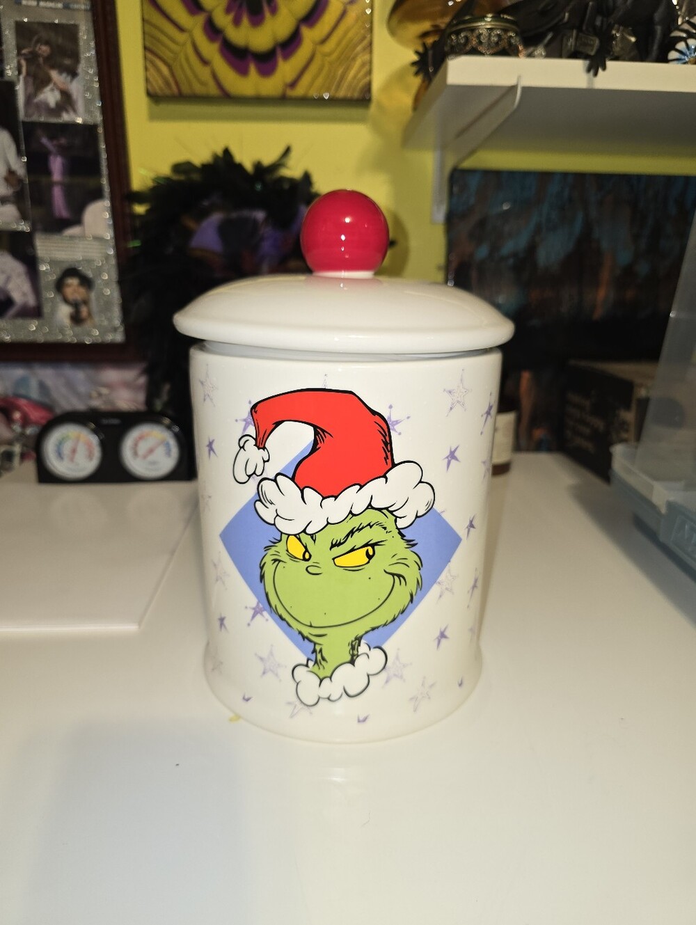 Grinch Ceramic Canister with Red Knob Lid